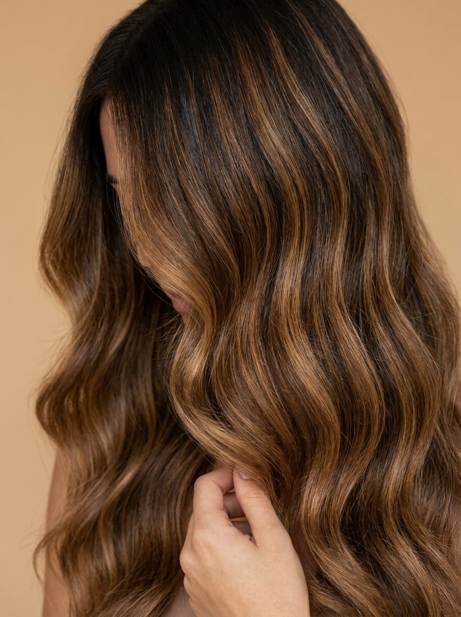 Karamell Balayage auf braunem Haar - braune Haare mit Highlights
